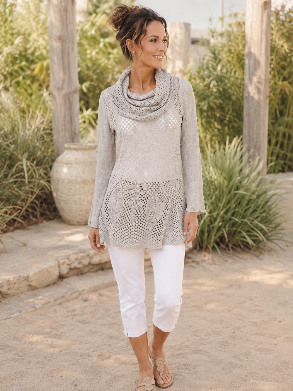 Anthropologie Guinevere Knit Cowl Neck Tunic Sweater Taupe Angora Cashmere Small